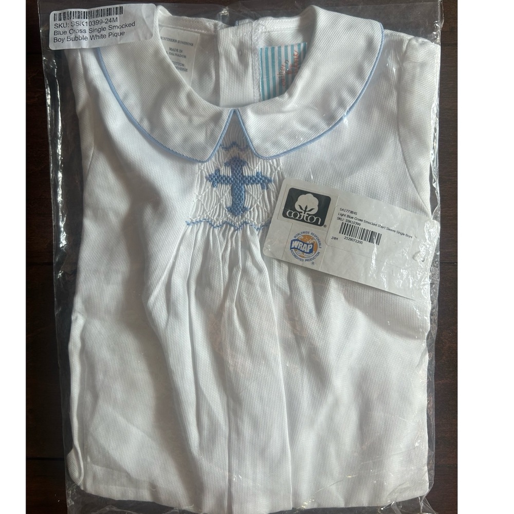 NWT White/Blue Cross Smocked Boy Bubble Christening 24M